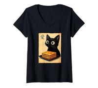 Mujer Greedy Cat - Figura de gato con lasaña de anime, estilo vintage, diseño de gato gourmet Camiseta Cuello V