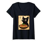 Mujer Greedy Cat Pasta Espaguetis Anime Vintage Style Gourmet Cat Camiseta Cuello V