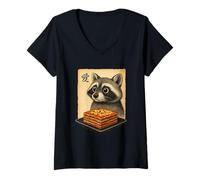Mujer Greedy Mapache Lasaña Japonés Anime Style Gourmet Racoon Camiseta Cuello V