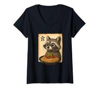 Mujer Greedy Mapache Pasta Japonés Anime Style Gourmet Racoon Camiseta Cuello V