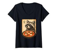 Mujer Greedy Mapache Pizza Japonés Anime Style Gourmet Racoon Camiseta Cuello V