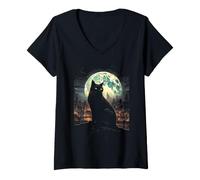 Mujer Green Cat Luna Llena Ciudad Vigilante Noche Felino Camiseta Cuello V