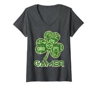 Mujer Green Gamer Shamrock Videojuegos Patricks Day Juego de Juegos Camiseta Cuello V