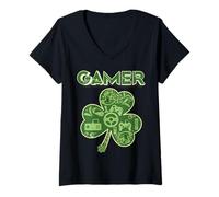 Mujer Green Gamer Shamrock Videojuegos Patricks Day Juego de Juegos Camiseta Cuello V