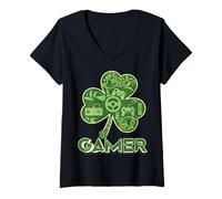 Mujer Green Gamer Shamrock Videojuegos Patricks Day Juego de Juegos Camiseta Cuello V
