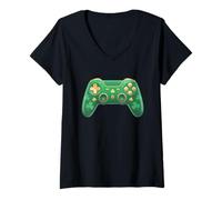 Mujer Green Gaming Controller Shamrock Gamer St Patricks Day Boys Camiseta Cuello V