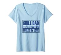Mujer Grill Dad Powered by Meat Fueled by Love Barbecue Smoker Camiseta Cuello V