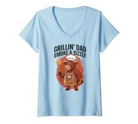 Mujer Grillin Dad Smoke & Sizzle BBQ Humor Grilling Champ Chistes Camiseta Cuello V