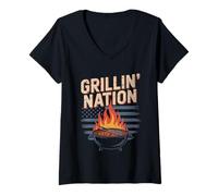 Mujer Grillin Nation - Parrilla del 4 de julio para barbacoa, bandera estadounidense Camiseta Cuello V