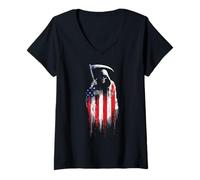 Mujer Grim Reaper Death, Bandera Estadounidense, Amante del Graffiti por Goteo Camiseta Cuello V