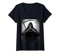 Mujer Grim Reaper Horror Poster Halloween Camiseta Cuello V