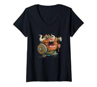 Mujer Gritando Barbarismo Mirada Berserker con Escudo Camiseta Cuello V
