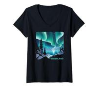 Mujer Groenlandia Aurora Boreal Nuuk Ártico Aurora Escena Vacaciones Camiseta Cuello V