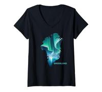 Mujer Groenlandia Aurora Boreal Nuuk Ártico Aurora Escena Vacaciones Camiseta Cuello V