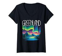 Mujer Groenlandia Aurora Boreal Nuuk Ártico Aurora Escena Vacaciones Camiseta Cuello V