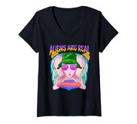 Mujer Groovy Alien UFO Retro Vaporwave Graphic Funny Space Camiseta Cuello V