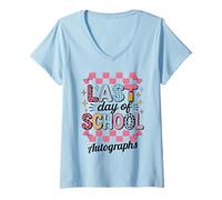 Mujer Groovy Autógrafos de la Escuela del último día, escribe mi graduación DIY Camiseta Cuello V