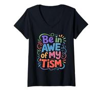 Mujer Groovy BE IN AWE of MY TISM Conciencia sobre el Autismo Papá Mamá Amable Camiseta Cuello V