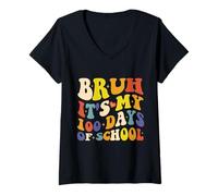 Mujer Groovy Bruh Son mis 100 días de Escuela 100 días de Clases Camiseta Cuello V