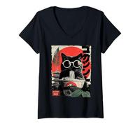 Mujer Groovy Cat Ramen Japonés Retro 80s 70s Cool Anime Cat Camiseta Cuello V