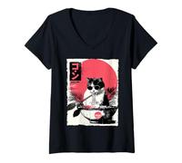 Mujer Groovy Cat Ramen Japonés Retro 80s 70s Cool Anime Cat Camiseta Cuello V