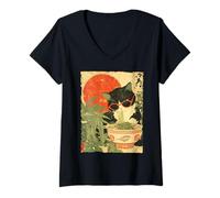 Mujer Groovy Cat Ramen Japonés Retro 80s 70s Cool Anime Cat Camiseta Cuello V