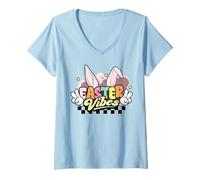 Mujer Groovy Feliz Vibes de Pascua orejas de conejito lindo conejo Camiseta Cuello V