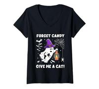 Mujer Groovy Forget Candy Give Me a Cat Ghost sujetando a un Gato Negro Camiseta Cuello V