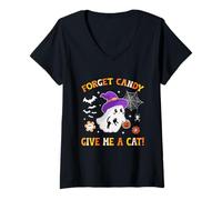 Mujer Groovy Forget Candy Give Me a Cat Ghost sujetando a un Gato Negro Camiseta Cuello V