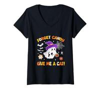 Mujer Groovy Forget Candy Give Me a Cat Ghost sujetando a un Gato Negro Camiseta Cuello V