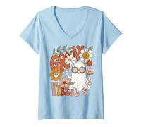 Mujer Groovy Ghost Vibes Retro Seventies Peace Sign Halloween Camiseta Cuello V