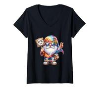 Mujer Groovy GNOME Dad In Rainbow Hippie Bandana with Peace Sign Camiseta Cuello V