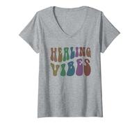 Mujer Groovy Healing Vibes Terapeuta de Bienestar Peace Love Therapy Camiseta Cuello V