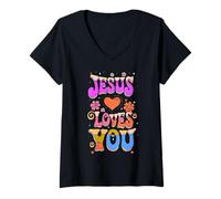 Mujer Groovy Hippie Jesus Loves You Retro Vintage Christian Mujer Camiseta Cuello V