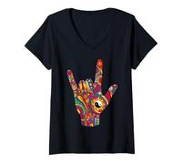 Mujer Groovy I Love You Lenguaje de señas Lindo Boho Doodle ASL Camiseta Cuello V