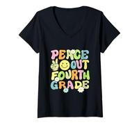 Mujer Groovy Peace Out Cuarto Grado Niños 4to Grado Último Día Escuela Camiseta Cuello V
