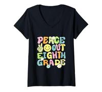 Mujer Groovy Peace Out Octavo Grado Niños 8vo Grado Último Día Escuela Camiseta Cuello V
