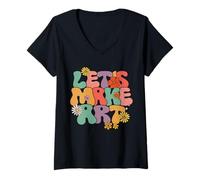 Mujer Groovy Retro Let's Make Art, Disfraz de Regreso a la Escuela Camiseta Cuello V