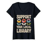 Mujer Groovy Support Your Local Library Book Reader Lover Bookworm Camiseta Cuello V