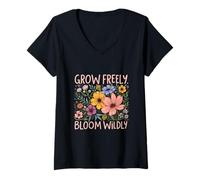Mujer Grow Freely Bloom Wildly Floral Growth Motivación Camiseta Cuello V