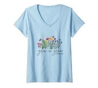 Mujer Grow in Grace 2 Pedro 3:18 Mariposa Floral Cristiana Camiseta Cuello V