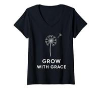 Mujer Grow with Grace | Diseño botánico Minimalista de Diente de león Camiseta Cuello V