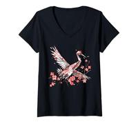 Mujer Grulla de Corona roja de Origami Kawaii | Grúa de Flores de Camiseta Cuello V