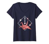 Mujer Grulla Minimal Origami - Kawaii Orizuru Origami Camiseta Cuello V