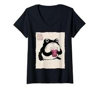 Mujer Grumpy Frog Funny Boba Tea Anime Japonés Camiseta Cuello V