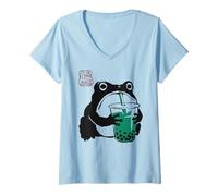 Mujer Grumpy Frog Funny Boba Tea Anime Japonés Camiseta Cuello V