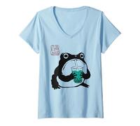 Mujer Grumpy Frog Funny Boba Tea Anime Japonés Camiseta Cuello V