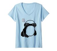 Mujer Grumpy Frog Headphones Funny Japanese Graphic Camiseta Cuello V