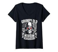 Mujer Grumpy Old Veteran Skull, Bandera de EE. UU., sin Filtro, sin disculpas Camiseta Cuello V