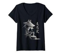 Mujer Grunge Fox Comer Ramen Fideos Anime Japonés Silueta Camiseta Cuello V